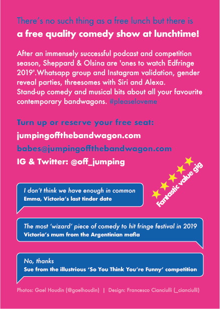 Back of the original Jumping off the Bandwagon flyer, with show description and comic review quotes